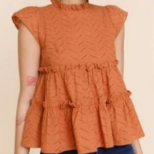 Francesca's Rust Colored Eyelet Lined Babydoll Cap Sleeve Blouse Top, Size Large